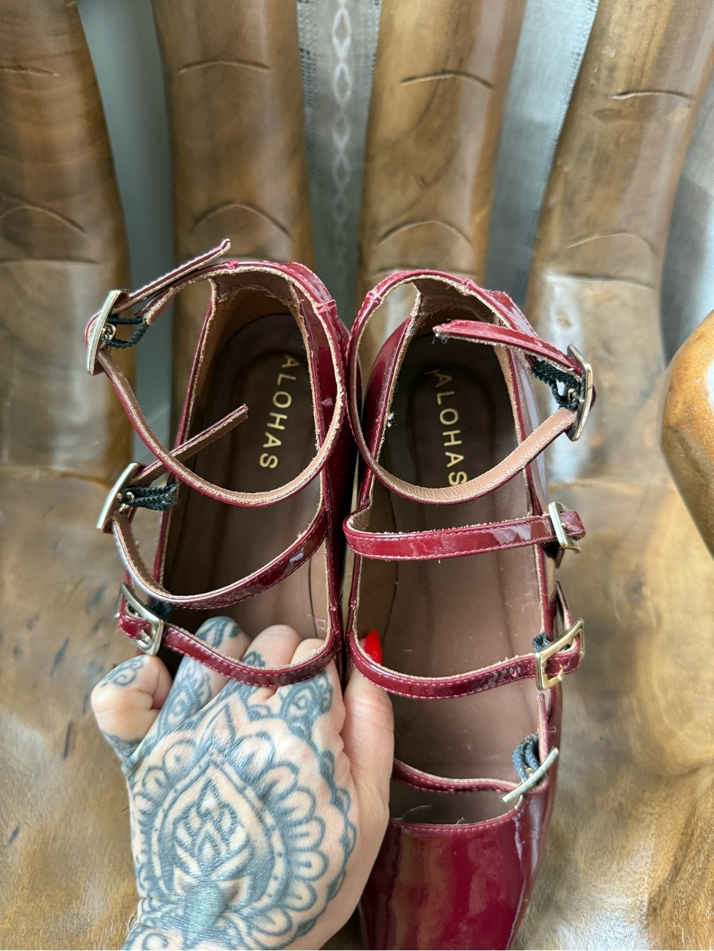 ALOHAS Burgundy Patent Multi-Strap Mary Jane Heels - Picture 3 of 5